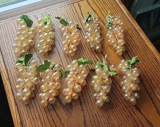 Vtg Blown Iridecent Glass Grapes Cluster Christmas Ornaments Set of 10 MCM Retro