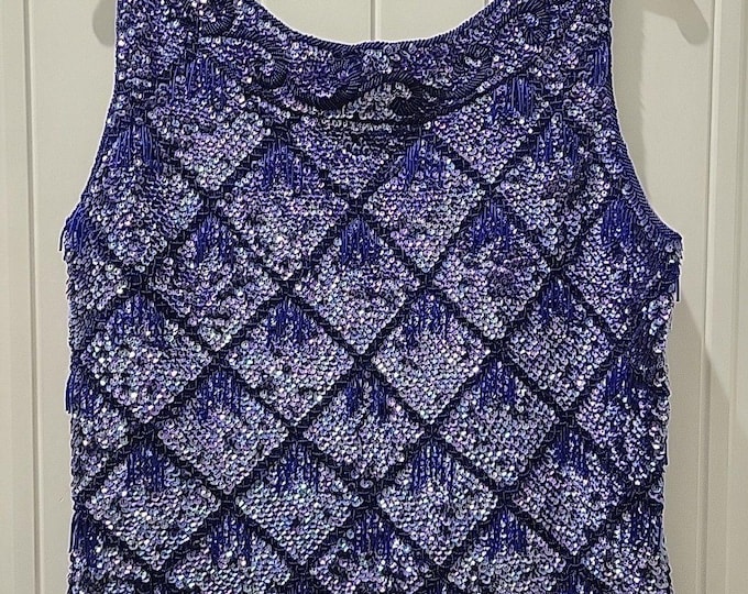 Idell Imports blue fringed beaded sequined cocktail top sleeveless wool Sz M Mod