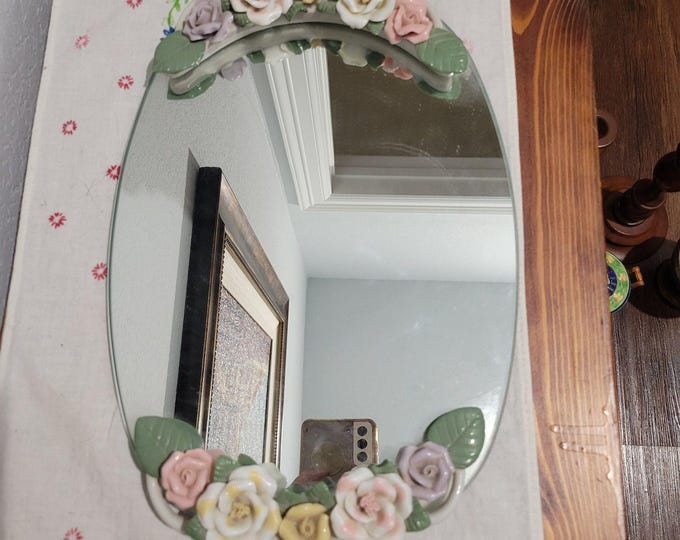 Vintage Capodimonte Style Flower Mirrored Vanity Tray - 13.5" x 9" Victorian