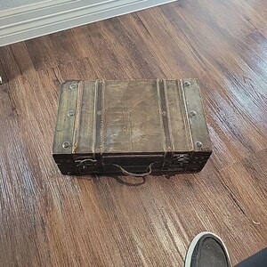 Vintage Style Decorative Wood & Leather Storage Trunks Suitcase Pair Brown Stack image 14