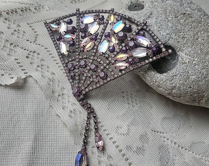 Vintage Large Flirtation Fan Shaped Brooch Rhinestones Openwork Purple Lavendar