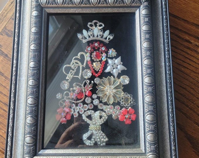 Vintage 90s Costume Jewelry Christmas Tree Art Shadow Box Framed 5x7" in 8x10 fr