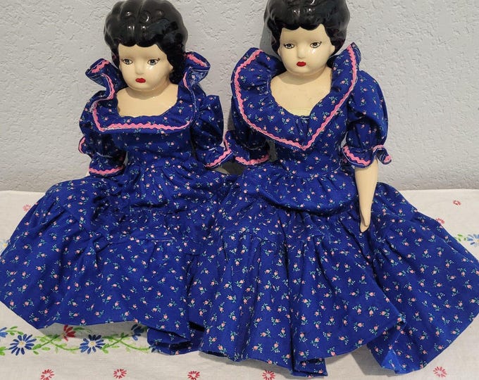 Vintage Handmade Ceramic Lady Doll Twins Southern Belle Cottage Prairie Country