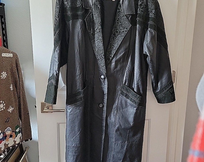 Vintage Winlit Leather Trench Coat Womens Large Black Paisley Embossed 80s 90s