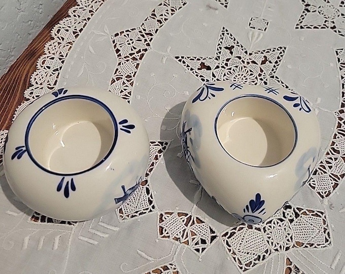 Pair Vtg Dutch Delft Blue Floral Tealight Candle Holders Holland Heart & Round