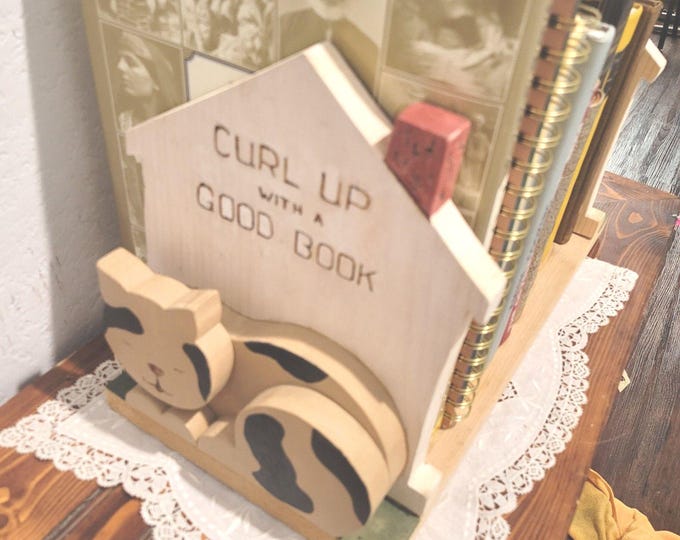 Vintage Handmade Wood Cat Book Rack, Whimsical Book Holder