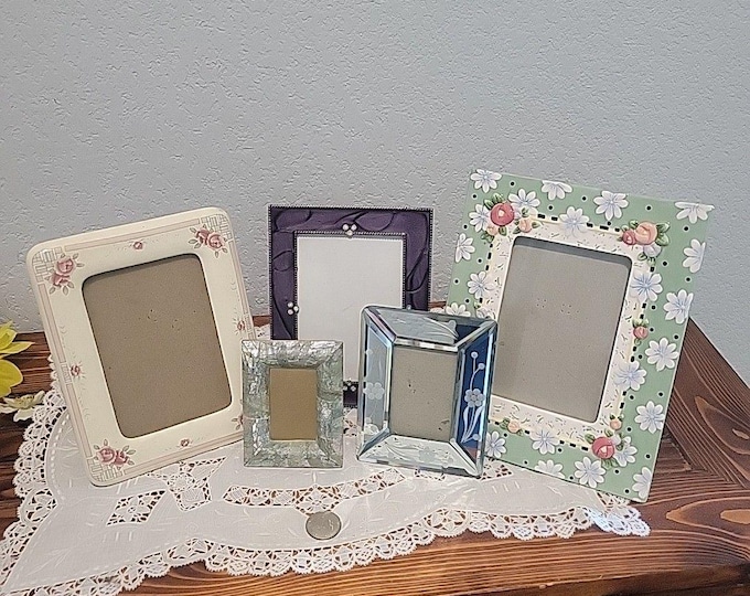Vintage 80s/90s Photo Frame Set, Ceramic, Mirror & Enamel Shell
