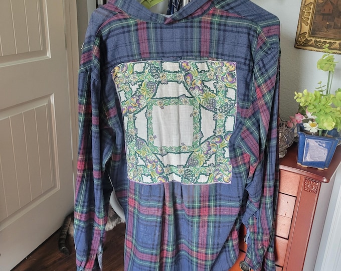 Distressed Flannel Shirt Vtg embroideries crewel OOAK needlework Bleach IZOD LG