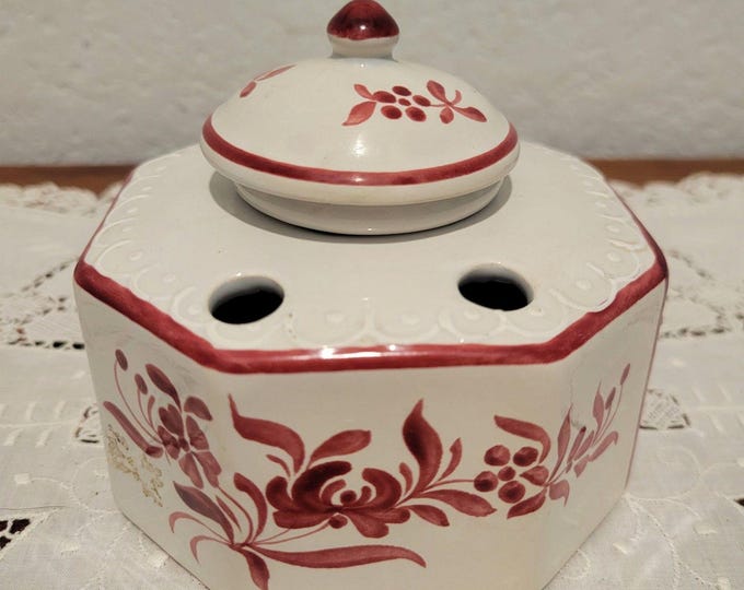 Antique French Ink Well Hand Painted Porcelain Signed GF Fait Main lidded