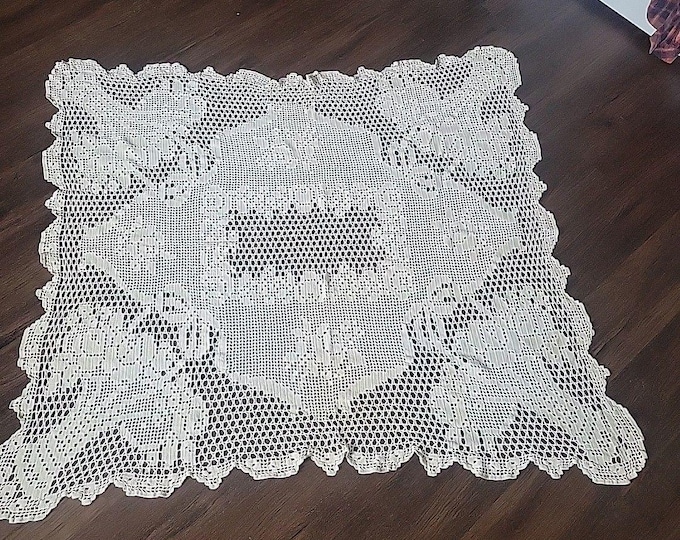 Antique Woven Handmade Filet Tablecloth Ecru Rectangle 54 x 50 Primitive Cottage