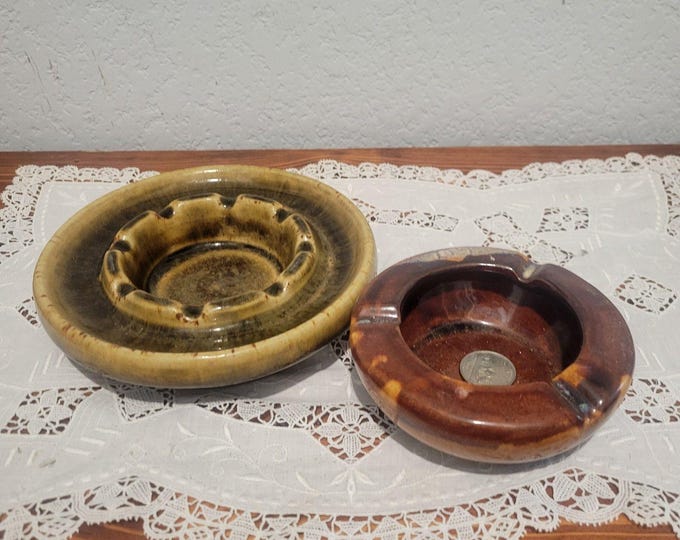 VTG 70s Glazed Ashtrays lot of 2 Ceramic handmade MCM Mid Century Boho groovy