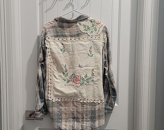 Vtg Distressed Flannel Shirt embroidery lace OOAK needlework Bleach Sz M Upcycle