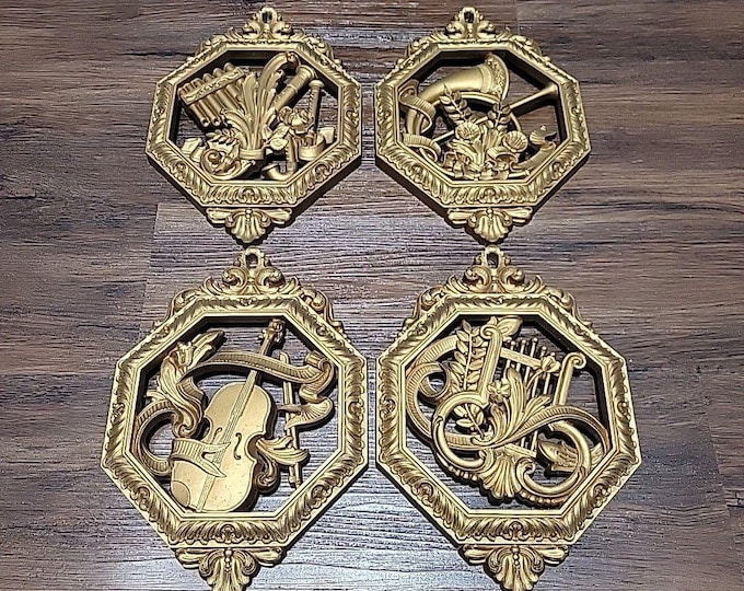HOMCO Set 4 Gold Ornate Musical Instrument Plaques Decor USA Made Vintage 1970s