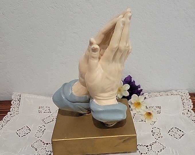 Vtg Atlantic Mold 10" Ceramic Praying Hands Religious Sculpture MCM Gold Base
