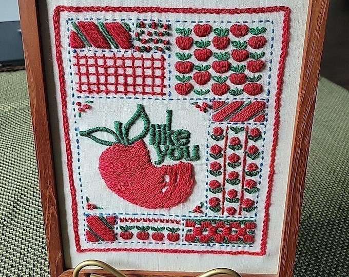 Vintage Framed 10.5" x 8.75" Crewel Needlework "I Like You" 7.5 X 9.5 art Apple
