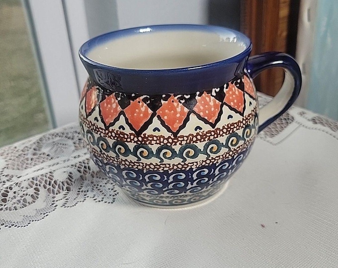 Vtg Polish Pottery Bubble Coffee Mug Tea Cup Blue Pink Green Wave Unikat Sgn D.F