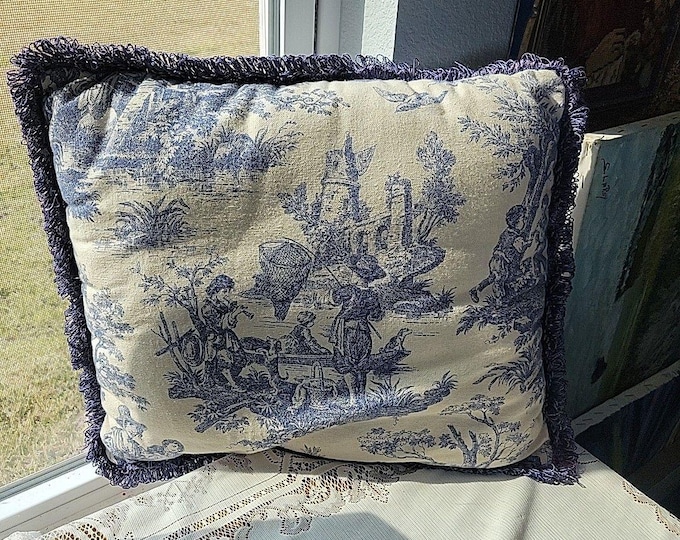 Vtg Waverly Toile Blue French Country Life Single Throw Pillow 16 x 14" Fringed
