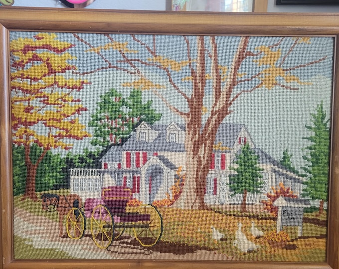 Vintage Large Ornate Wood Framed 22.5 X 17 Needlepoint Fairfield Inn w/ Carriage