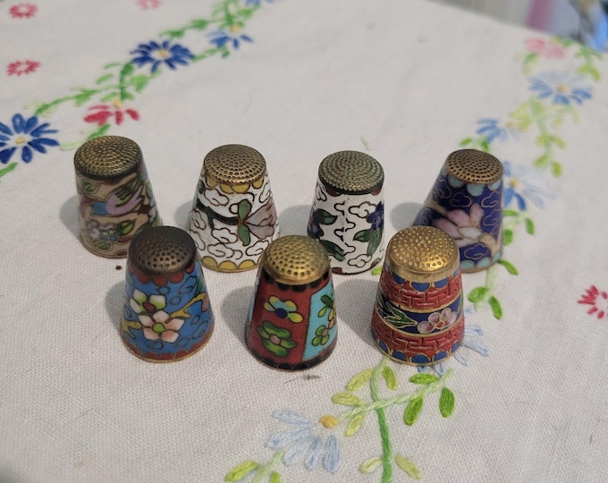 Set OF 7 Vintage Chinese Cloisonne Enameled Floral Motif Thimbles MCM Patina