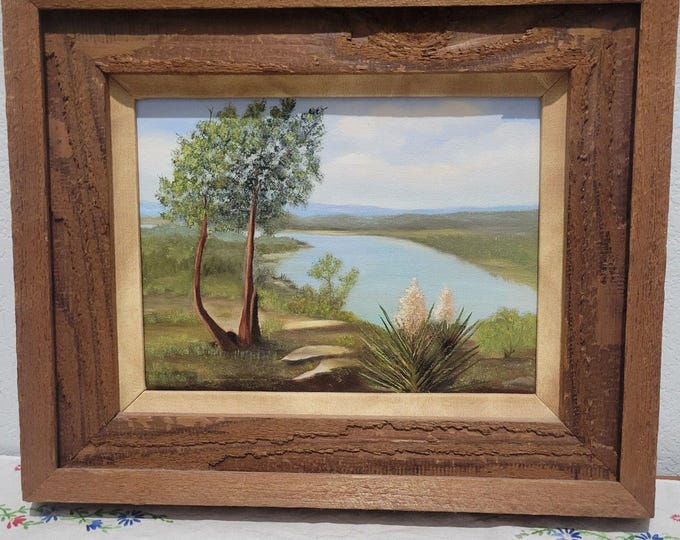 Vintage Original Acrylic Still Life Painting Landscape Serene Yucca Trees River
