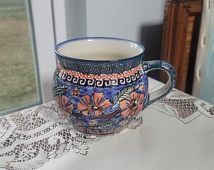 Vtg Polish Pottery Bubble Coffee Mug Tea Cup Pink Flower Floral Unikat E Malee