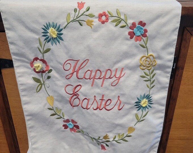 Easter Table Runner 14 × 74 Embroidered  Happy Easter  Floral ring Linen Feel