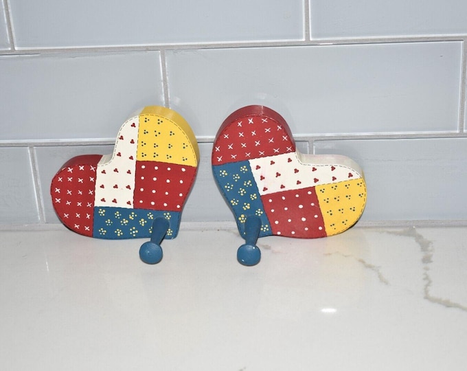 Pair of wooden heart wall hooks hangers cottage core hand painted calico quilt