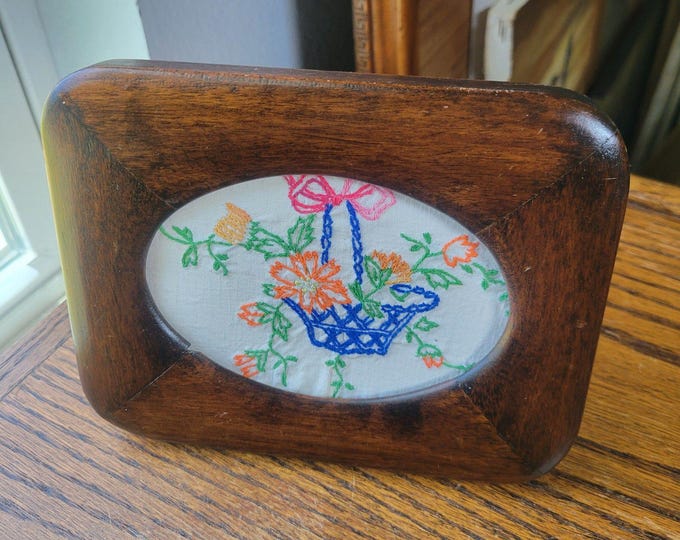 Vintage Small Oval Flowers In Basket Embroidery Linen in solid wood frame