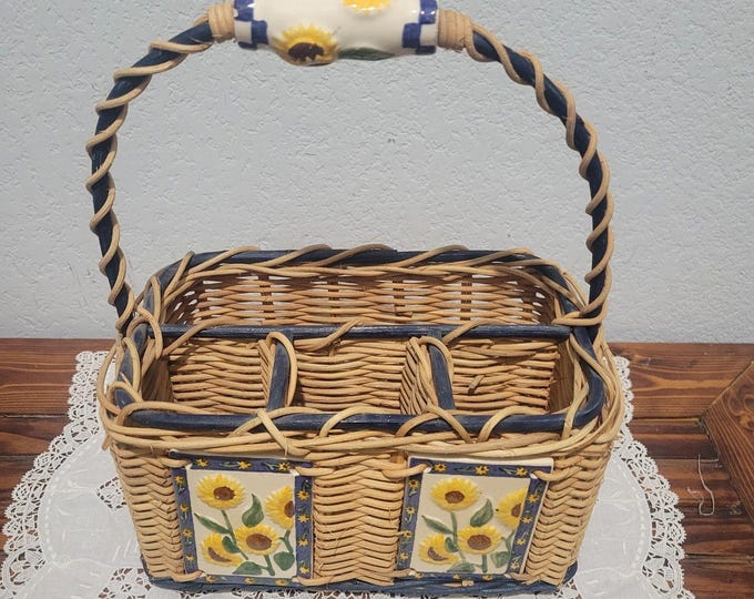 VTG Wicker Divided Silverware Caddy Basket Sunflower Ceramic Tile Hand Painted