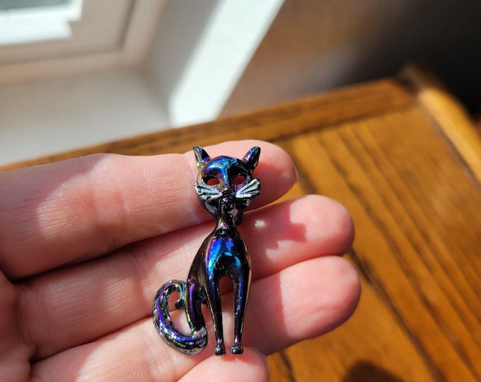 Vintage Black Purple Iridescent Enameled Carnival Kitty Cat Brooch Pin 1970s