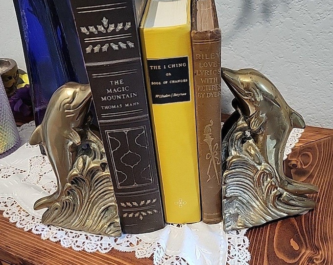 Vintage Mid-Century Nautical Brass Dolphin Bookends Beach House Ocean Seaside