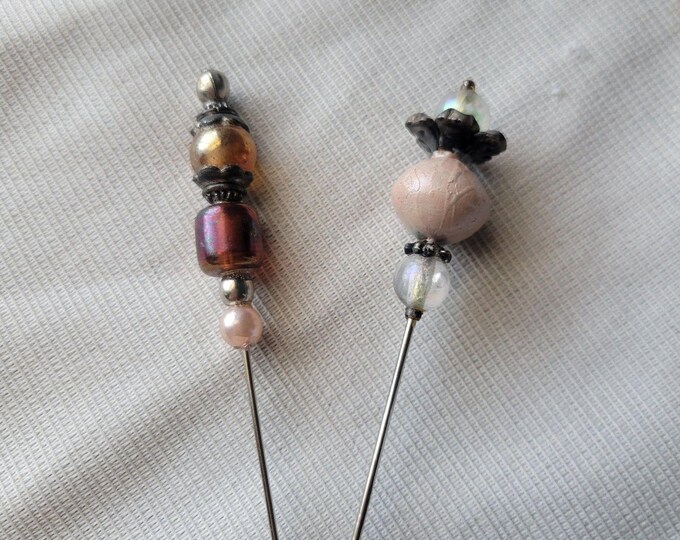 Two Antique Glass Beaded Hatpins Victorian Art Nouveau Pair Gold tone romantic
