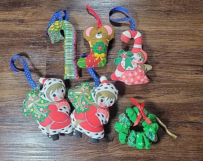 Vtg Christmas Stitched Stuffed Bright Fabric Ornaments Set of 6 Kitschy 50s 60s