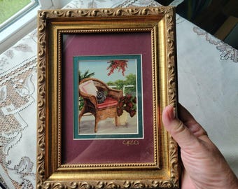 June Cates Signed Art Cat in Garden Miniature art 9x7 Cottage Grandma