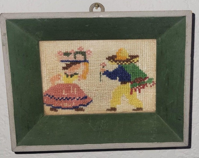 Vintage Folk Art Miniature Needlepoint framed art Sombraro Senorita Traditional