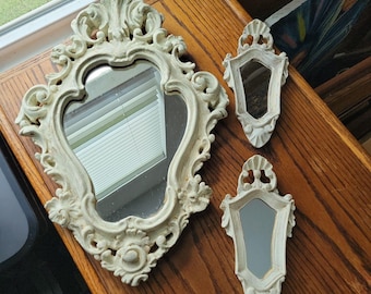 Vtg Set of 3 Italian Country Accent Wall Mirrors Whitewash Wood Scrolls READ