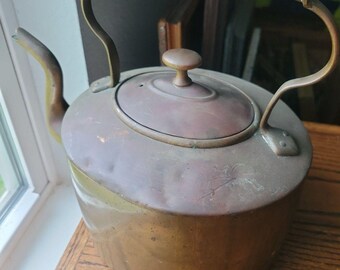 Antique Copper Gooseneck Tea Kettle Primitive Patina 1800 Colonial USA #8 Stamp