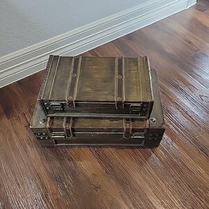 Vintage Style Decorative Wood & Leather Storage Trunks Suitcase Pair Brown Stack image 3