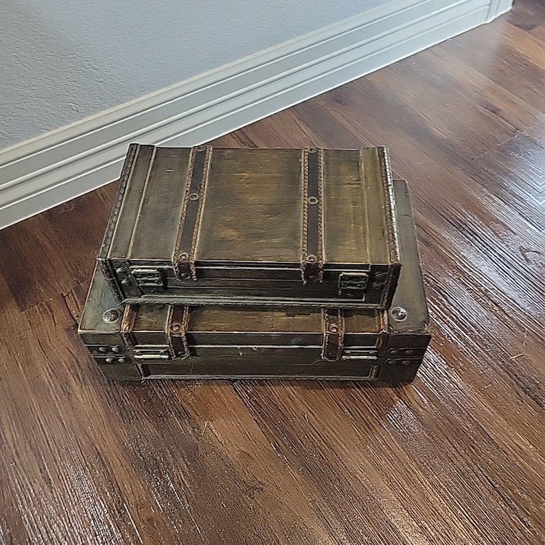 Vintage Style Decorative Wood & Leather Storage Trunks Suitcase Pair Brown Stack image 3