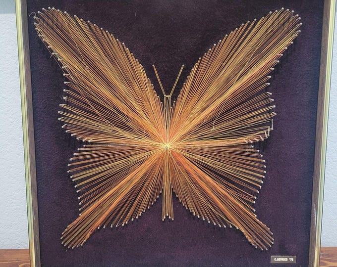 VTG MCM 3D Butterfly String Art 18.5x18.5 Copper Colored Thread Brown Velvet