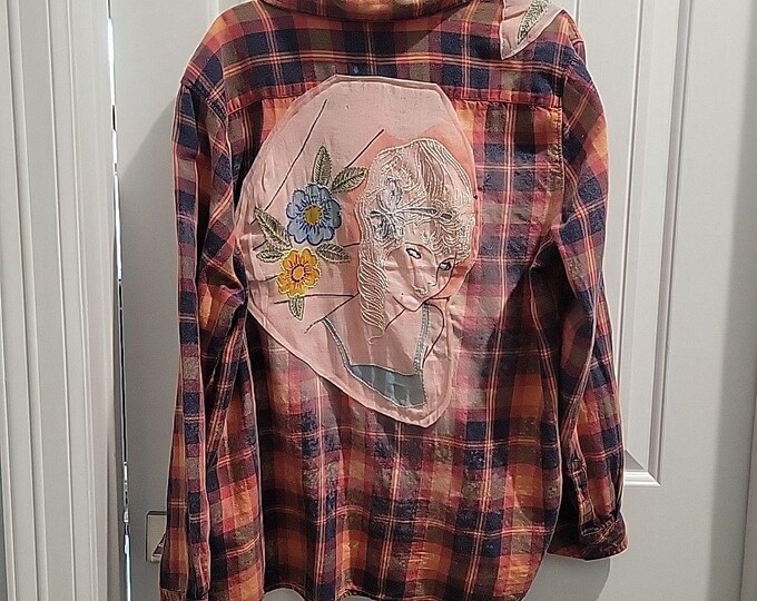 Distressed Flannel Shirt VTG embroideries crewel OOAK needlework XXL Patchwork