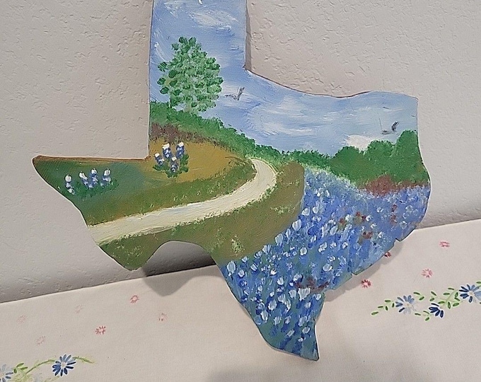 Texas Vtg Handpainted Spring In Texas Bluebonnets Wood Wall Decor unsigned