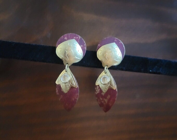 Post earrings gold tone with red painted metal Rhinestone ethnic cultural