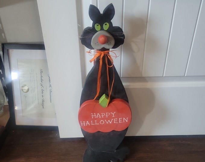 Handcrafted Black Cat Happy Halloween Standing Wood Pumpkin 23" tall Hand Paint