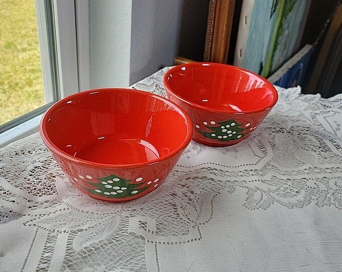 Vtg Waechtersbach CHRISTMAS TREE Coupe Soup Cereal Bowl 5" Red Germany Pair (2)