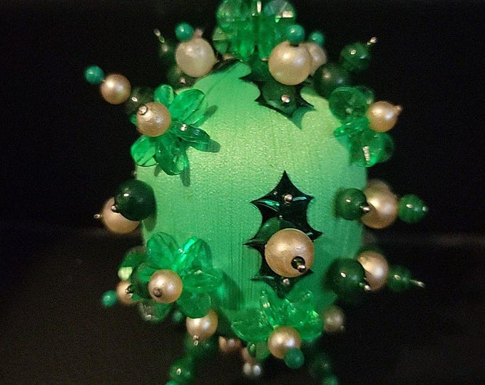 Vtg Ornate Easter Egg Handmade Beaded Push Pin Satin Basket Filler Green Egg