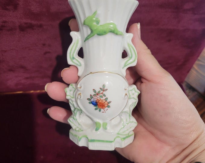 Vtg Japanese victorian style mini bud vase green bunny rabbit flowers porcelain
