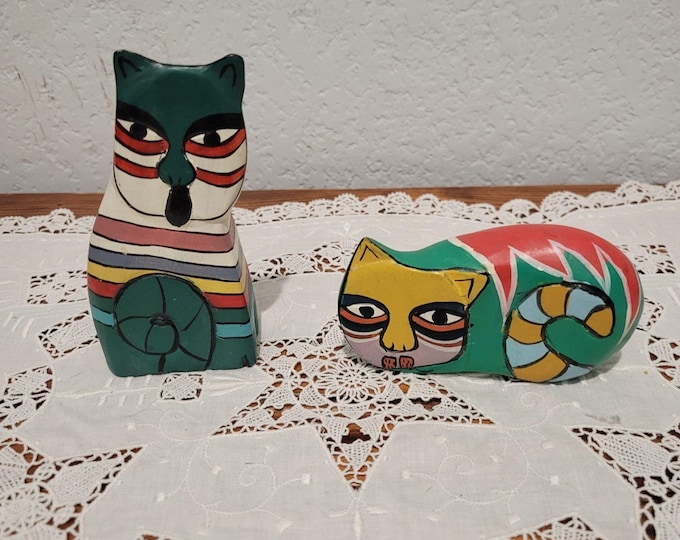 2 Vintage Hand Carved Hand Painted Wood Folk Art Cat Figurines Statue Cat Decor