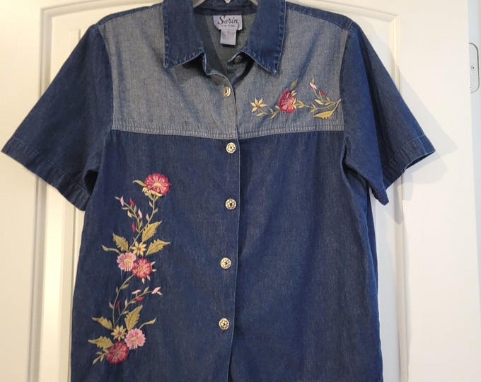 Vintage Sarin New York Embroidered womens denim top Colorblock M Cottage Grandma
