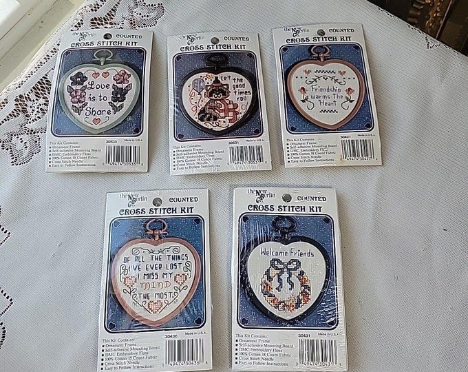 Vintage 90s Heart Cross Stitch Ornament Kit Set - Sealed USA Made